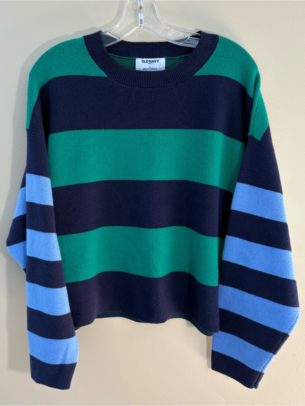 Old Navy SoSoft Loose Cropped Striped Sweater Navy/Green/Blue. Size-M
